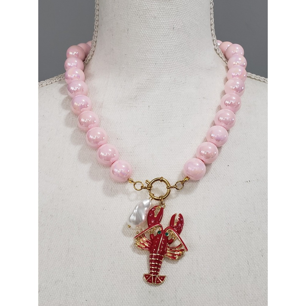 Mayamar Pink Bead Necklace Lobster Charm Pendant Pearl Sea Life Statement Beach